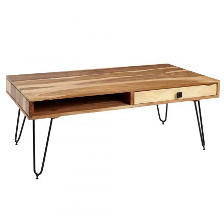 Stylish coffee table made of solid acacia wood, color: acacia / black - Dimensions: 60 x 60 x 110 cm (H x W x D), with 2 drawers