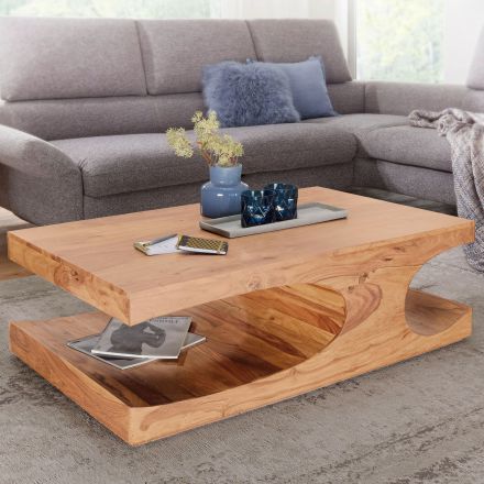 Coffee table with extravagant shape made of solid acacia wood, color: acacia - dimensions: 38 x 70 x 118 cm (H x W x D), handmade