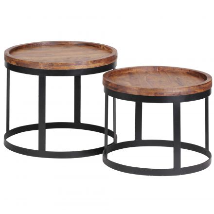 Round side table 2-piece made of sheesham solid wood, color: sheesham / black - Dimensions: 40 x 48 x 48 cm (H x W x D), with raised edge