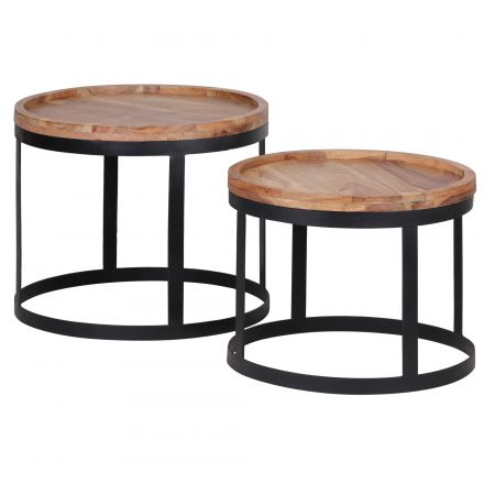 Round side table 2-piece made of solid acacia wood, color: acacia / black - Dimensions: 40 x 48 x 48 cm (H x W x D), with raised edge