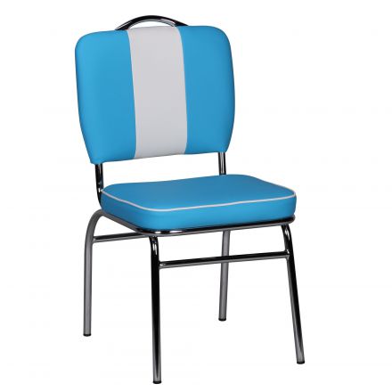 Dining chair in retro design, color: blue / white / chrome, with metal frame