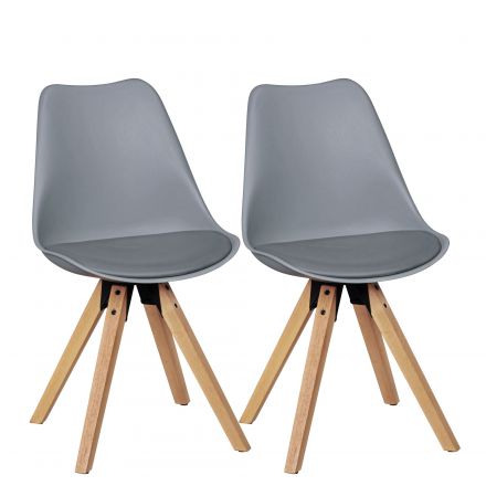 Dining chair set of 2 in Scandinavian design, color: grey / oak, seat shell & seat cushion with imitation leather cover
