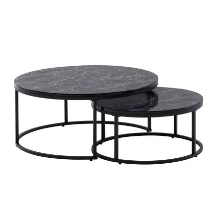 Living room table set of 2 round, color: marble look / black - Dimensions: 80 x 80 x 36 cm and 60 x 60 x 26 cm (W x D x H)