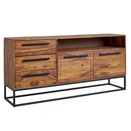 Sideboard with integrated wine rack, color: Sheesham, semi-solid - Dimensions: 80 x 165 x 40 cm (H x W x D)