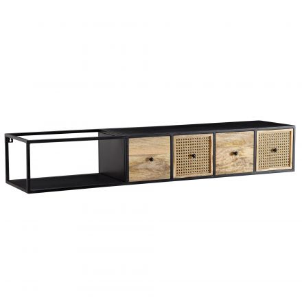 TV cabinet made of solid mango wood, color: mango / black, semi-solid - Dimensions: 25 x 150 x 35 cm (H x W x D)