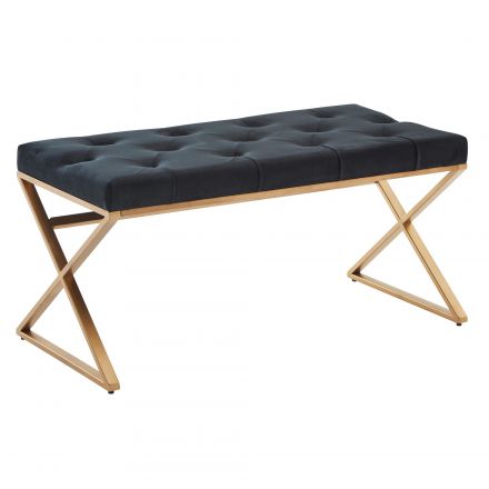 Square velvet bench, color: black / gold - Dimensions: 46 x 90 x 44 cm (H x W x D)