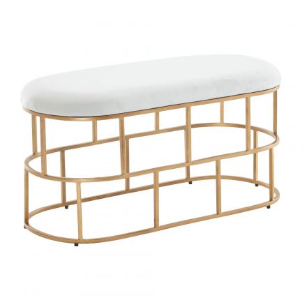 Oval velvet bench, color: white / gold - Dimensions: 46 x 90 x 38 cm (H x W x D)