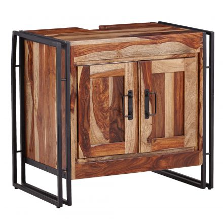 Vanity unit made of sheesham solid wood, color: sheesham / black - Dimensions: 63 x 68 x 42 cm (H x W x D) with siphon cut-out