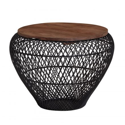 Round coffee table made of solid mango wood, color: mango / black - Dimensions: 60 x 60 x 45 cm (W x D x H) with wicker frame