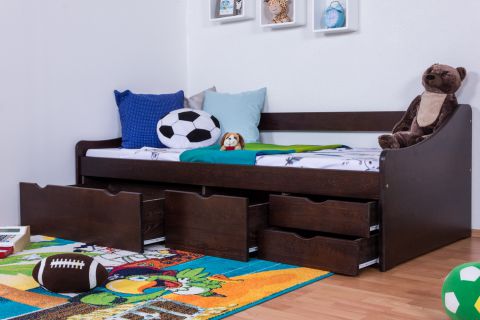 Youth bed/functional bed Pine solid wood walnut color 94, incl. slat grate - 90 x 200 cm (w x l)