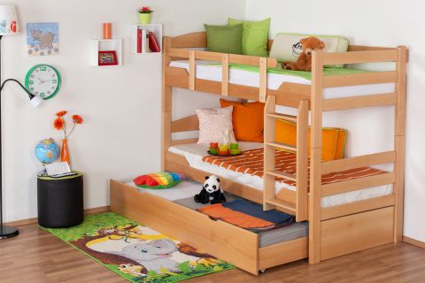 Bunk bed "Easy Premium Line" K3/h incl. trundle bed frame and cover plates, solid beech wood, clearly varnished - 90 x 200 cm 