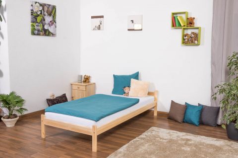 Single bed / Guest bed A14, solid pine wood, clearly varnished, incl. slatted bed frame - 90 x 200 cm