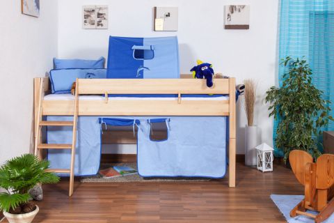 Midsleeper / Children's bed Tom, solid beech wood, clearly varnished, incl. slatted frame - 90 x 200cm