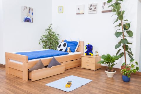Children's bed / Youth bed K2 "Easy Premium Line" incl. 2 drawer and 2 cover plates, solid beech wood, clearly varnished - 90 x 200 cm