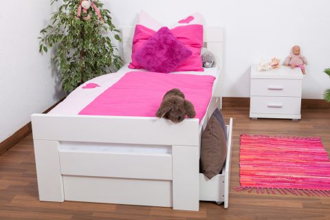 Children's bed / Youth bed K2 "Easy Premium Line" incl. 2 drawers and 2 cover plates, solid beech wood, white - 90 x 200 cm