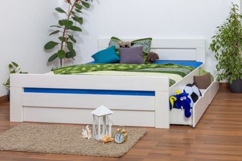 Double bed / Storage bed "Easy Premium Line" K6 incl. 2 drawers and 1 cover plate, solid beech wood, white - 180 x 200 cm 