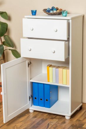 2 Drawer, 1 Door Storage Cabinet Junco 161, solid pine wood, white varnished - H123 x W60 x D42 cm