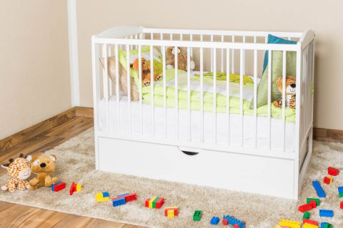 Crib / Children's bed  solid pine wood 102, in a white paint finish, includes slatted frame and drawer - Dimensions: 60 x 120 cm