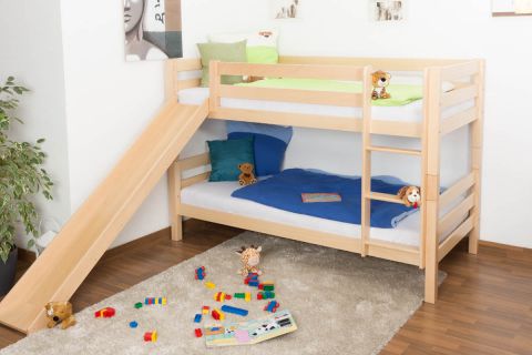 Bunk bed / Children's bed David, with slide, solid beech wood, clearly varnished, incl. slatted frame - 90 x 200 cm
