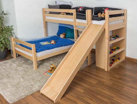 L-Shaped Bunk bed / Children's bed Phillip with slide and shelf, clearly varnished, incl. slatted frame - 90 x 200 cm