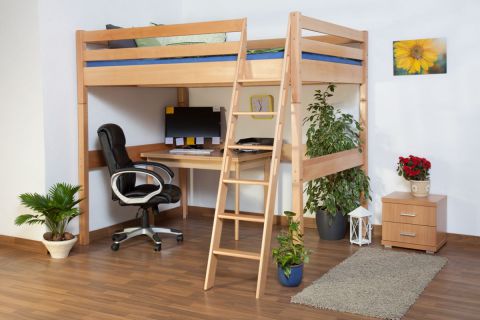 High Sleeper Bed / Children's bed Christoph, solid beech wood, clearly varnished, incl. slatted frame - 140 x 200 cm