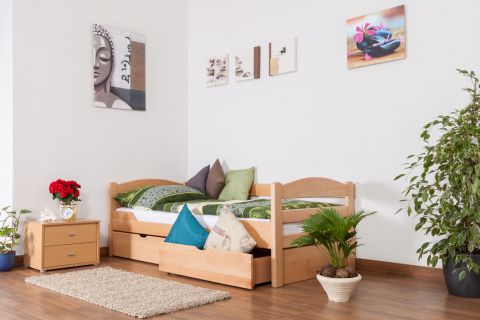 Single bed / Storage bed "Easy Premium Line" K1/n/s incl. 2 drawers and cover plates, beech wood, solid, clearly varnished - 90 x 200 cm 