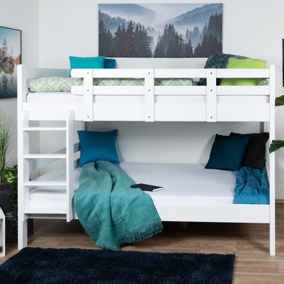 Bunk bed 140 x 190 cm "Easy Premium Line" K24/n, head and foot part straight, solid beech wood, White lacquered, convertible