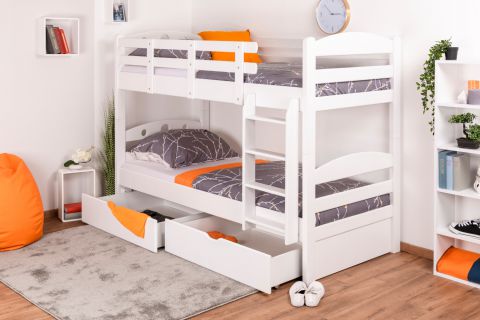 Bunk bed for adults "Easy Premium Line" K18/n incl. 2 drawers and 2 cover panels, headboard with holes, solid beech white - 90 x 200 cm, (w x l) divisible