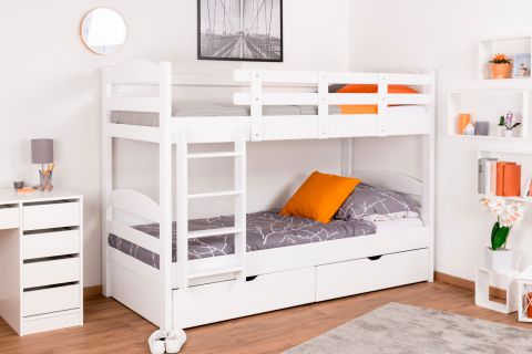 Bunk bed for adults "Easy Premium Line" K21/n incl. 2 drawers and 2 cover panels, head and foot part rounded, solid beech wood, white - 90 x 200 cm (w x l), divisible