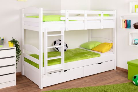 Bunk bed "Easy Premium Line" K21/n incl. 2 drawers and 2 cover panels, head and foot part rounded, solid beech wood, white - 90 x 200 cm (w x l), divisible