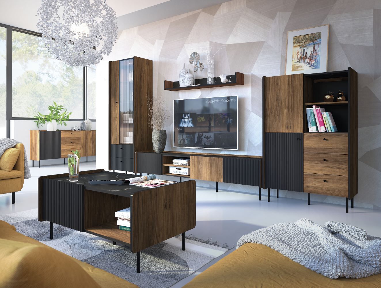 Living room complete - Set B Mairenke, 6-piece, Colour: Walnut / black matt