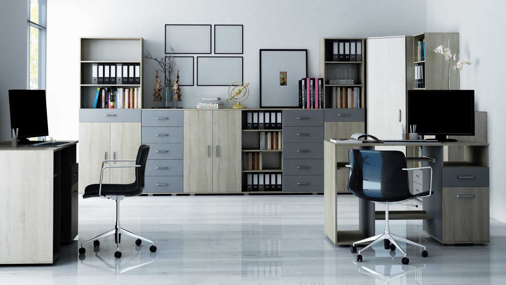 Office complete - Set A Ciomas, 8 pieces, Colour: Sonoma oak / Grey