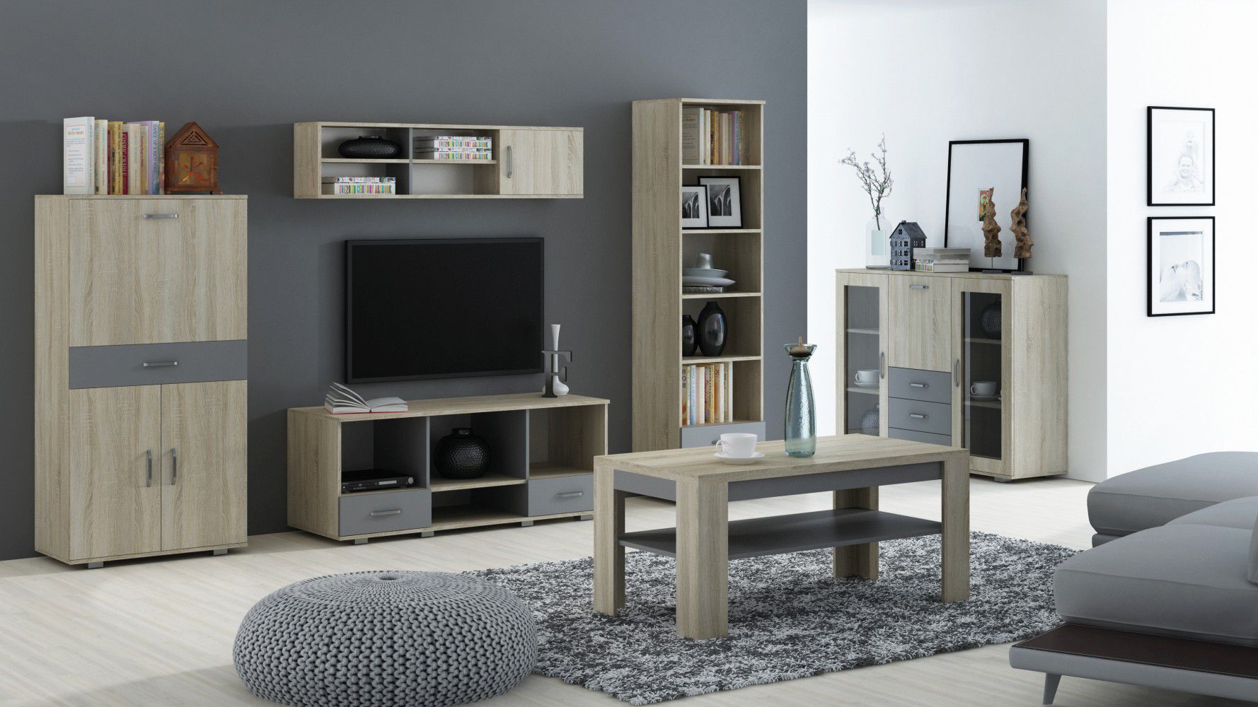 Living room complete - Set B Ciomas, 6 pieces, Colour: Sonoma oak / Grey
