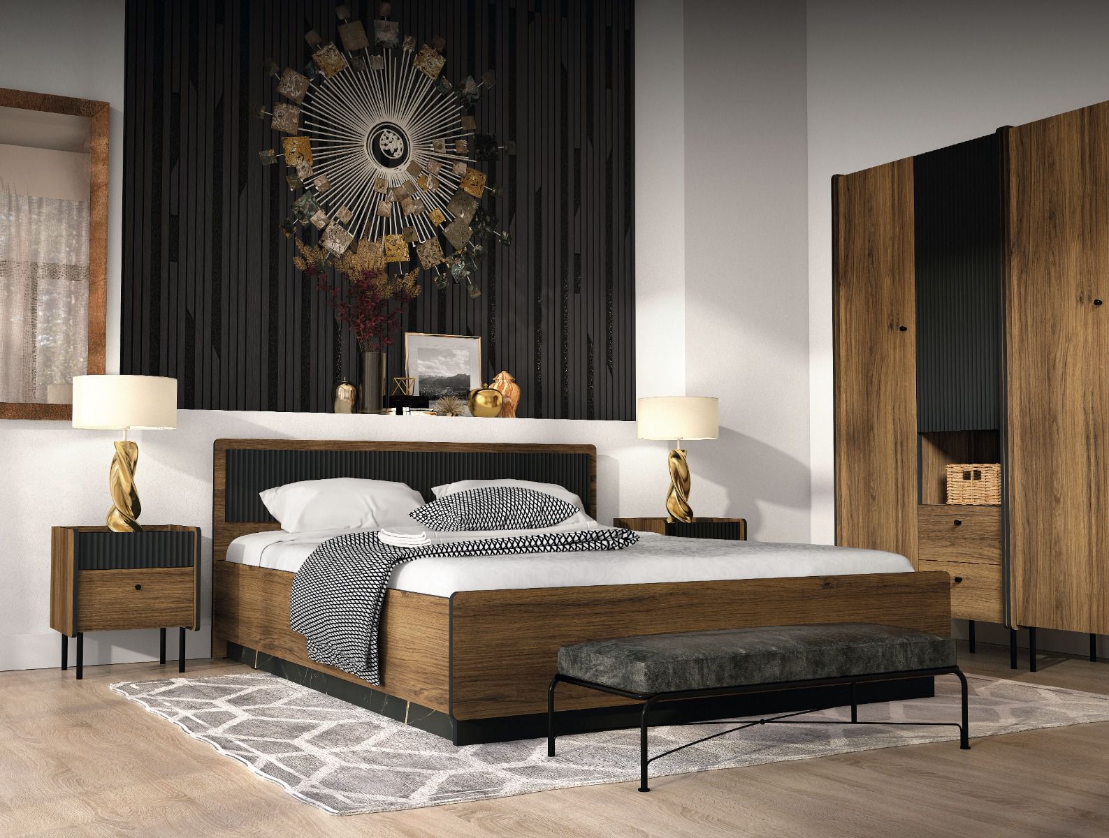 Bedroom complete - Set A Mairenke, 5-piece, color: walnut / black matt