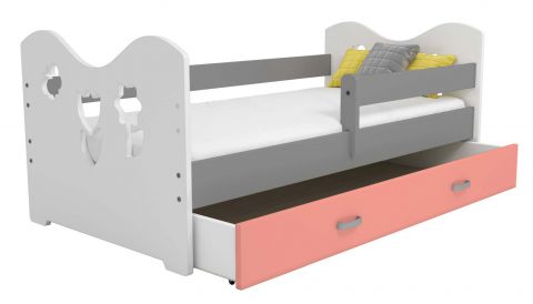 Children's bed, pine part solid, white / gray lacquered B2, drawer: pink, incl. slatted frame - Lying surface: 80 x 160 cm (w x l)