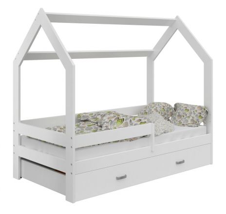 Children's bed / House bed, solid pine wood, White lacquered D3, incl. slatted frame - Lying surface: 80 x 160 cm (w x l)