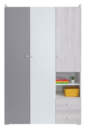 Children's room - Hinged door cabinet / Closet Floreffe 01, Colour: White / White Oak / Grey - Measurements: 190 x 120 x 50 cm (H x W x D).
