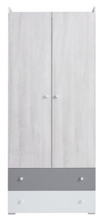 Children's room - Hinged door cabinet / Closet Floreffe 03, Colour: White / White Oak / Grey - Measurements: 190 x 80 x 50 cm (H x W x D).