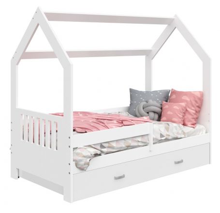Children's bed / house bed, solid pine wood, White lacquered D3E, incl. slatted frame - Lying surface: 80 x 160 cm (w x l)