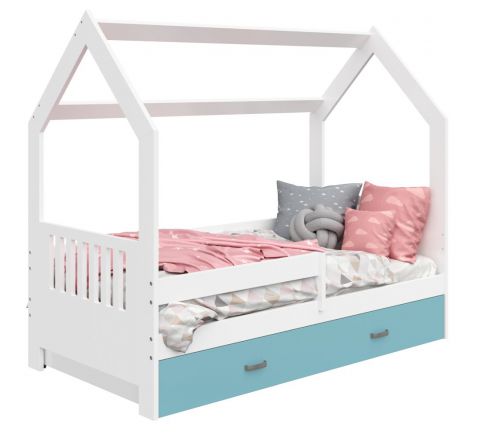 Children's bed / house bed, solid pine wood, White lacquered D3E, drawer: blue, incl. slatted frame - Lying surface: 80 x 160 cm (w x l)