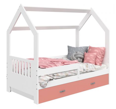 Children's bed / house bed, solid pine wood, White lacquered D3E, drawer: pink, incl. slatted frame - Lying surface: 80 x 160 cm (w x l)