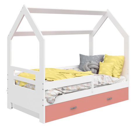 Children's bed / house bed, solid pine wood, White lacquered D3B, drawer: pink, incl. slatted frame - Lying surface: 80 x 160 cm (w x l)
