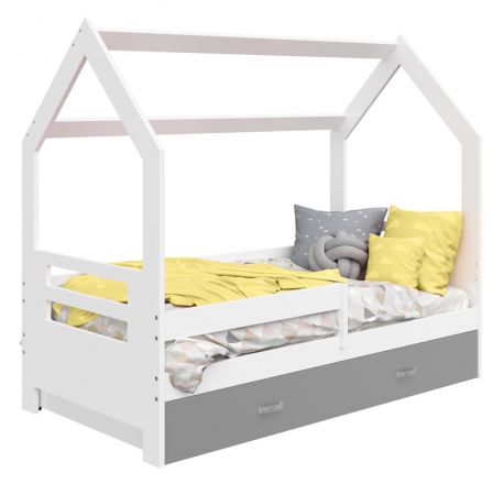 Children's bed / house bed, solid pine wood, White lacquered D3B, drawer: gray, incl. slatted frame - Lying surface: 80 x 160 cm (w x l)