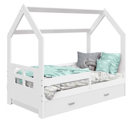 Children's bed / house bed, solid pine wood, White lacquered D3D, incl. slatted frame - Lying surface: 80 x 160 cm (w x l)
