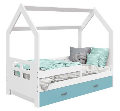 Children's bed / house bed, solid pine wood, White lacquered D3D, drawer: blue, incl. slatted frame - Lying surface: 80 x 160 cm (w x l)