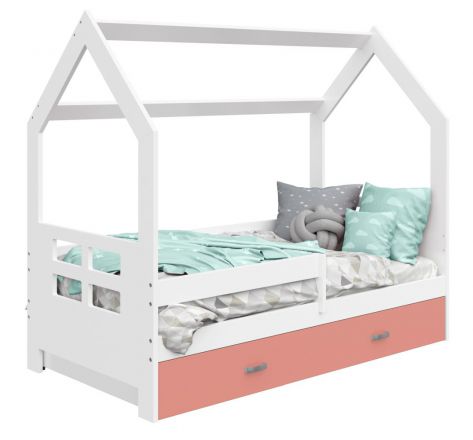 Children's bed / house bed, solid pine wood, White lacquered D3D, drawer: pink, incl. slatted frame - Lying surface: 80 x 160 cm (w x l)