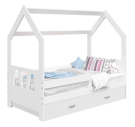 Children's bed / house bed, solid pine wood, White lacquered D3A, incl. slatted frame - Lying surface: 80 x 160 cm (w x l)