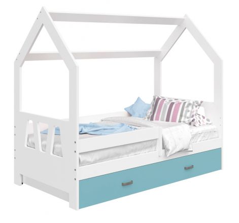 Children's bed / house bed, solid pine wood, White lacquered D3A, drawer: blue, incl. slatted frame - Lying surface: 80 x 160 cm (w x l)