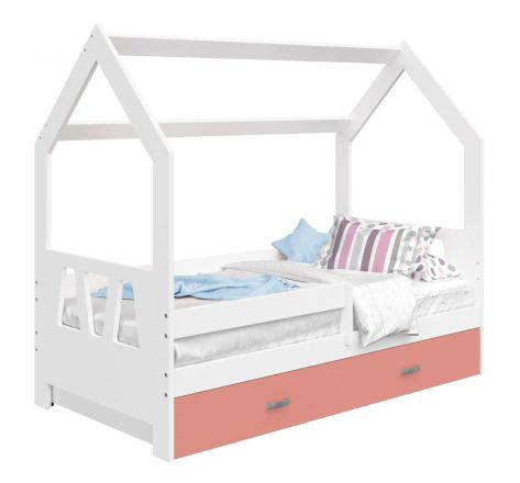 Children's bed / house bed, solid pine wood, White lacquered D3A, drawer: pink, incl. slatted frame - Lying surface: 80 x 160 cm (w x l)