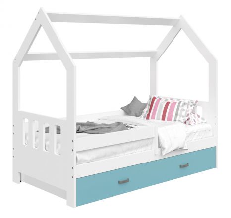 Children's bed / house bed, solid pine wood, White lacquered D3C, drawer: blue, incl. slatted frame - Lying surface: 80 x 160 cm (w x l)